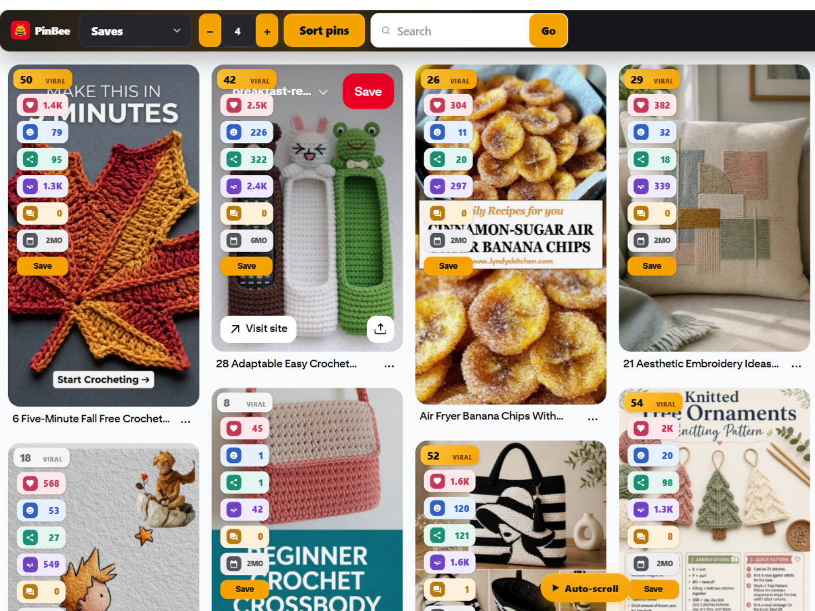 PinBee stat badges and viral scores on a Pinterest search